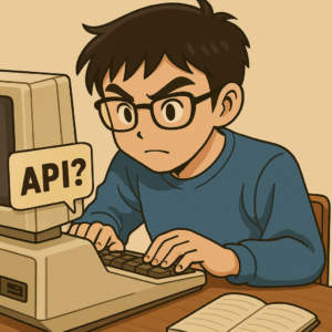 レトロパソコンを前にAPIって何？と真剣な表情で考える少年のイラスト。技術に不慣れでも挑戦する姿をユーモラスに表現。
