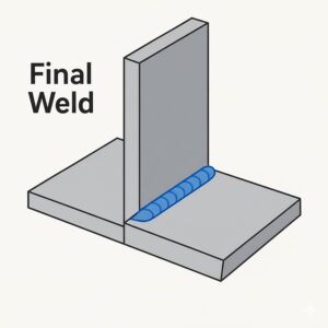 T継手の本溶接（隅肉溶接）を示す図。タック溶接で位置決めされた母材を最終的なビードで接合し、強度と外観を両立させている。