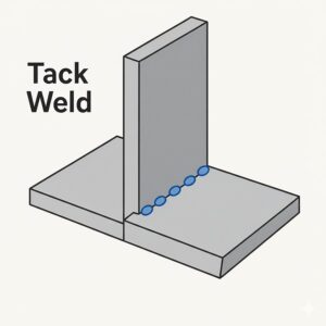 T継手におけるタック溶接の模式図。母材の位置決めと歪み防止を目的として、最終溶接前に数点を仮付けする工程を示している。