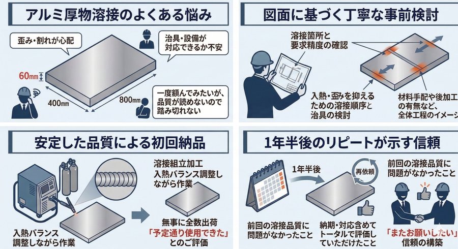 アルミ厚物溶接の製作事例を4段階で図解。よくある悩み・事前検討・初回納品・1年半後のリピートという流れを整理したインフォグラフィック。