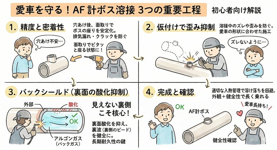 AF計ボス溶接の3つの重要工程図解。精度と密着性・仮付けで歪み抑制・バックシールドによる裏面酸化抑制・完成確認の4ステップ。