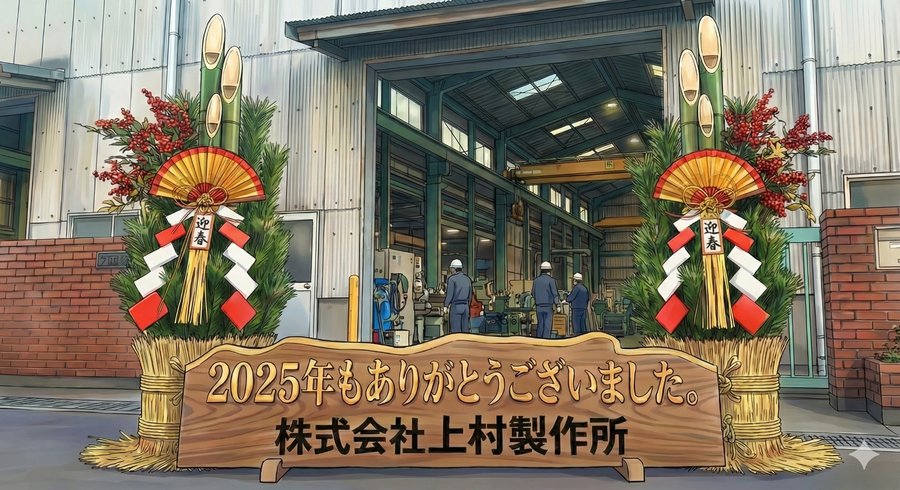 上村製作所の工場前に設置された門松と2025年の感謝メッセージ