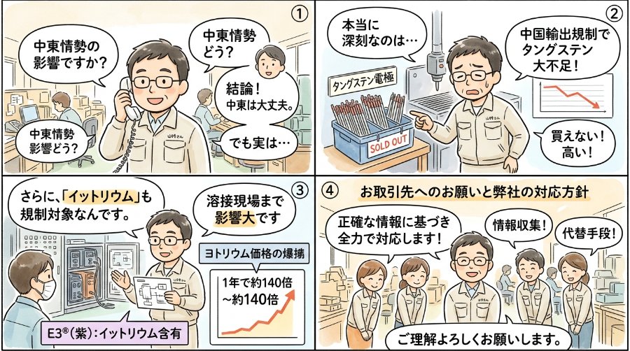 上村製作所の4コマ漫画。1.中東情勢の質問に答える上村昌也。2.タングステン供給危機を「玉不足」と焦る。3.中国輸出規制と価格高騰、イットリウム規制を説明。4.お取引先への協力と理解をお願いする。
