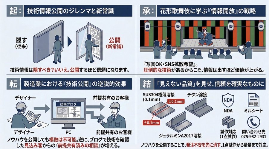 技術情報公開の起承転結を4コマで図解。起:隠す従来型から公開への意識転換、承:花形歌舞伎に学ぶSNS拡散戦略、転:技術ブログで前提共有済みの相談を生む逆説的効果、結:SUS304・チタン・ジュラルミンA2017溶接など見えない品質で信頼を確実にする上村製作所の対応力。